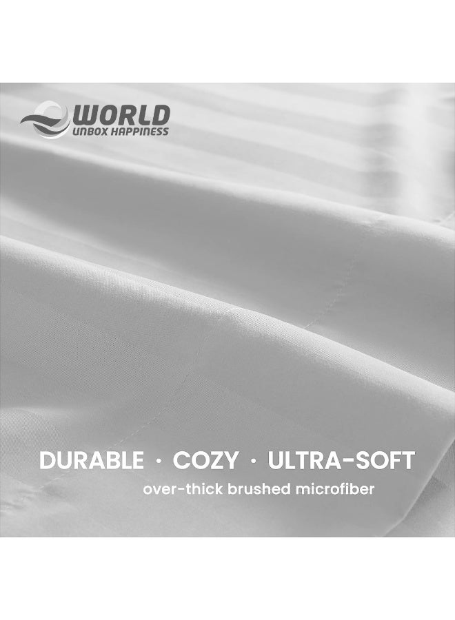 إي وورلد طقم مفارش سرير فاخر سوبر كينغ أبيض مخطط 4 قطع (ملاءة علوية 280×280 سم، ملاءة مطاطية 200×200+30 سم، عدد 2 غطاء وسادة 50×75 سم) – مايكروفايبر فاخر، راحة بطابع فندقي - Image 5