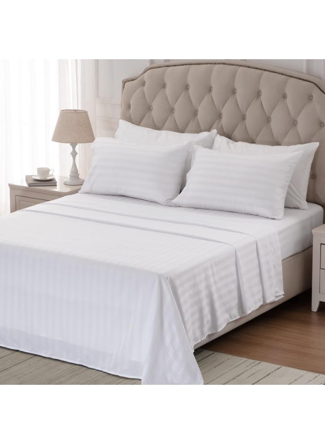 إي وورلد طقم مفارش سرير فاخر سوبر كينغ أبيض مخطط 4 قطع (ملاءة علوية 280×280 سم، ملاءة مطاطية 200×200+30 سم، عدد 2 غطاء وسادة 50×75 سم) – مايكروفايبر فاخر، راحة بطابع فندقي - Image 2