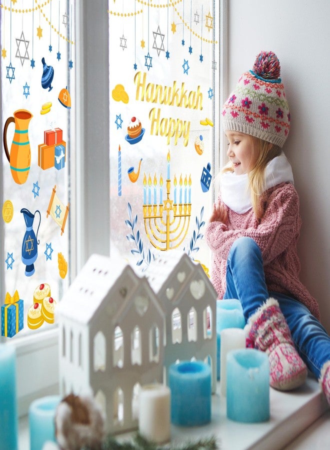 Whaline 6 Sheets Hanukkah Window Clings Foil Blue-Gold Menorah Hexagram Star Reusable Window Decals for Home School Office Chanukah Party Decor - Image 3
