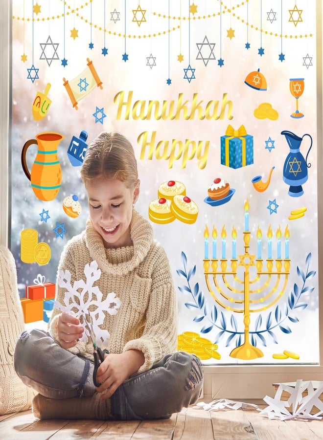 Whaline 6 Sheets Hanukkah Window Clings Foil Blue-Gold Menorah Hexagram Star Reusable Window Decals for Home School Office Chanukah Party Decor - Image 2