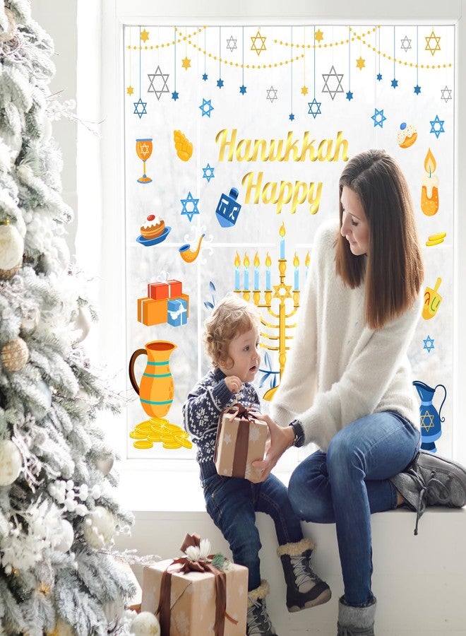 Whaline 6 Sheets Hanukkah Window Clings Foil Blue-Gold Menorah Hexagram Star Reusable Window Decals for Home School Office Chanukah Party Decor - Image 4