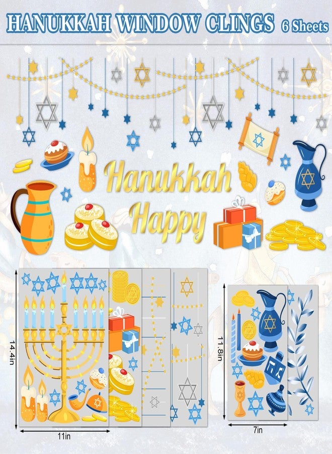 Whaline 6 Sheets Hanukkah Window Clings Foil Blue-Gold Menorah Hexagram Star Reusable Window Decals for Home School Office Chanukah Party Decor - Image 5