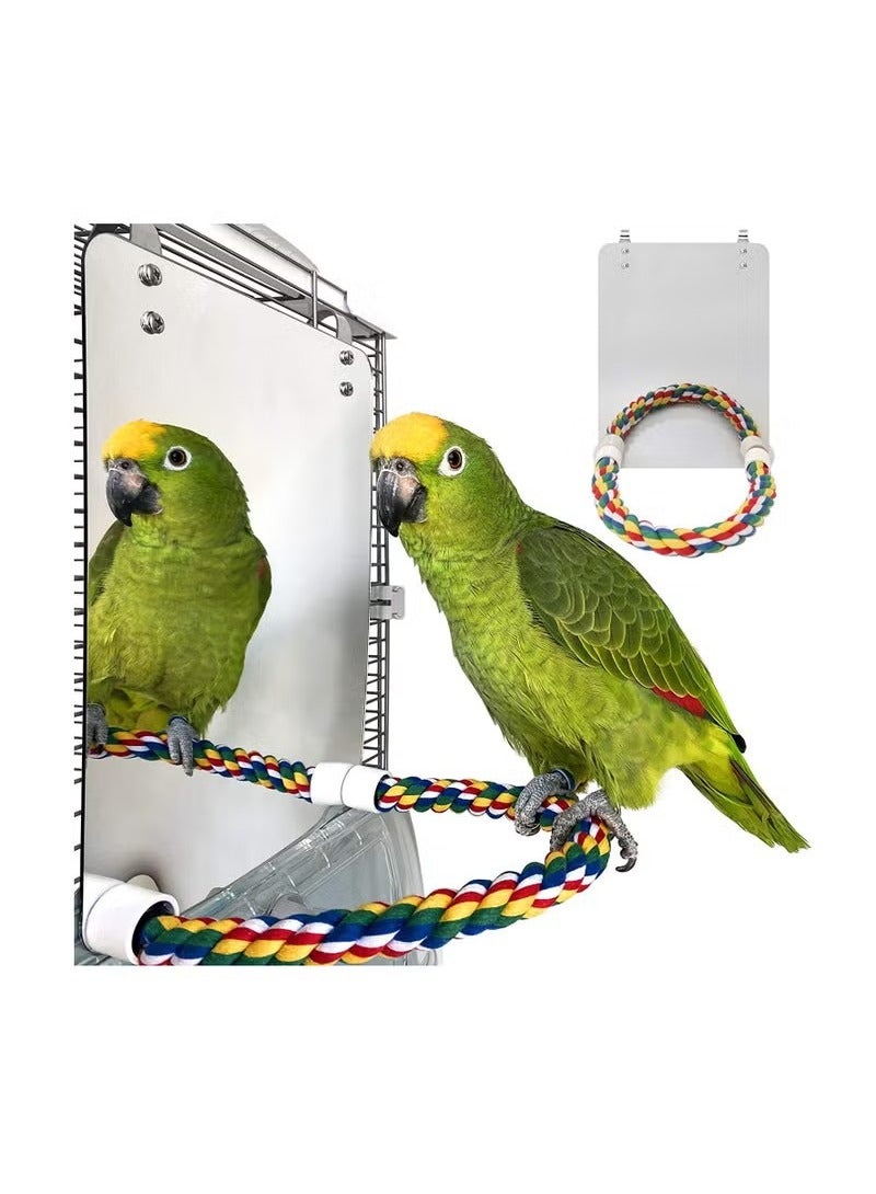 مرآة طيور، أكريليك، حبل قطن، عصا واقف، عمود، طائر، لعبة، لوازم طيور، أدوات، بزل ببغاء، لعبة للمضغ - Image 1