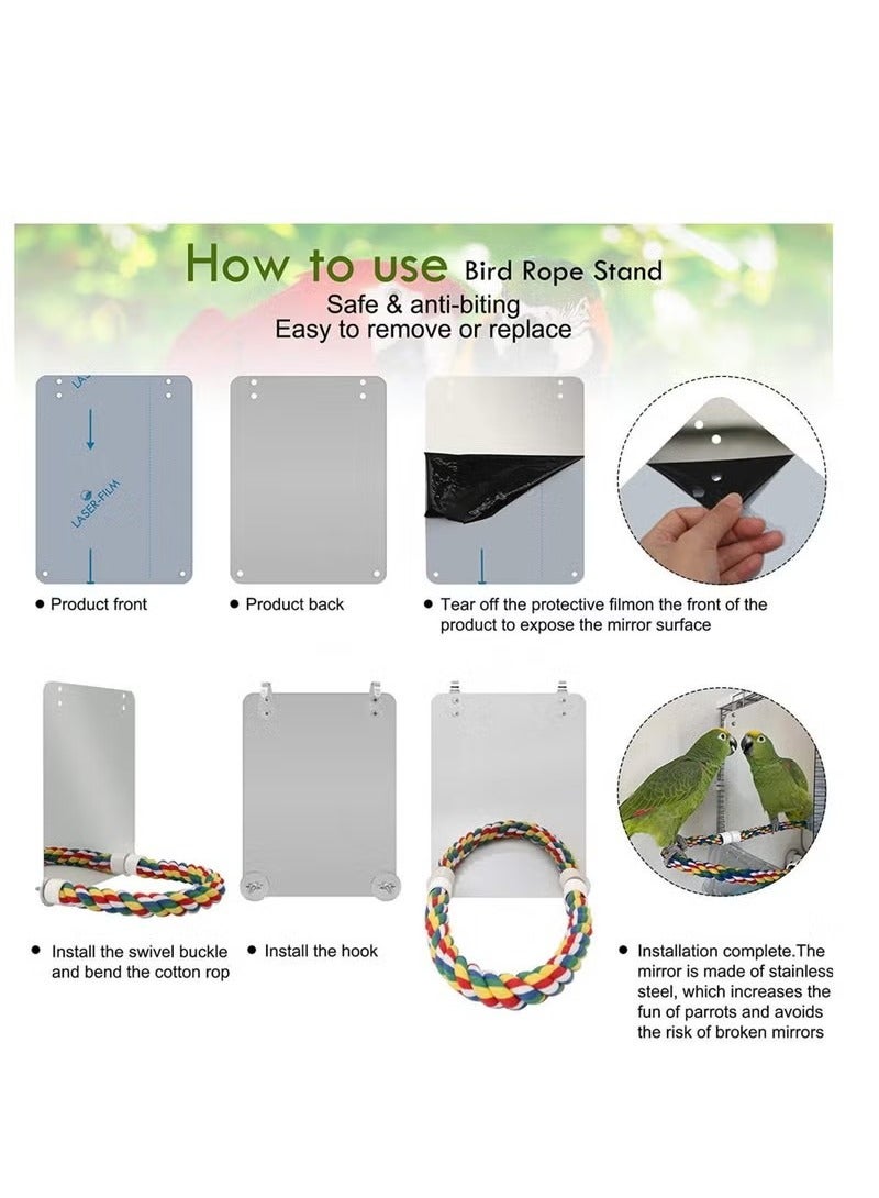 مرآة طيور، أكريليك، حبل قطن، عصا واقف، عمود، طائر، لعبة، لوازم طيور، أدوات، بزل ببغاء، لعبة للمضغ - Image 4
