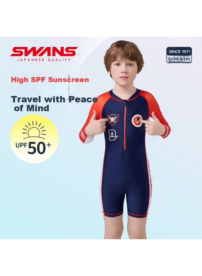 Speed Vision Suanshi Swans Children's One-piece Swimsuit, Long-sleeve Surfing Suit, Comfortable And Breathable, For Boys Swimming, 251 Navy Blue, Size 160 - Image 1