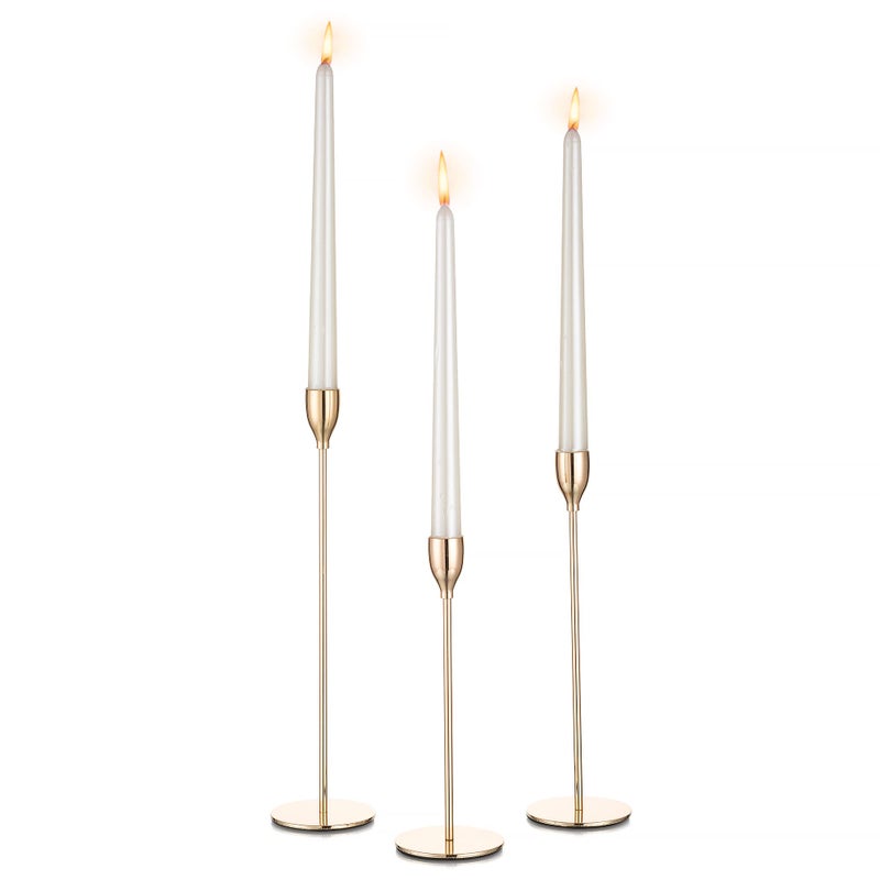 Inweder Taper Candle Holders for Candlesticks, Set of 3 Gold Candlestick Holders, Metal Candle Sticks Long Holder, Tall Candle Holder Set for Table Centerpiece, Wedding, Fits 3/4 inch Thick Candles - Image 1