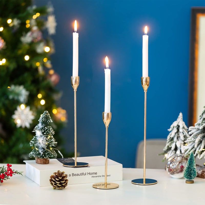 Inweder Taper Candle Holders for Candlesticks, Set of 3 Gold Candlestick Holders, Metal Candle Sticks Long Holder, Tall Candle Holder Set for Table Centerpiece, Wedding, Fits 3/4 inch Thick Candles - Image 4