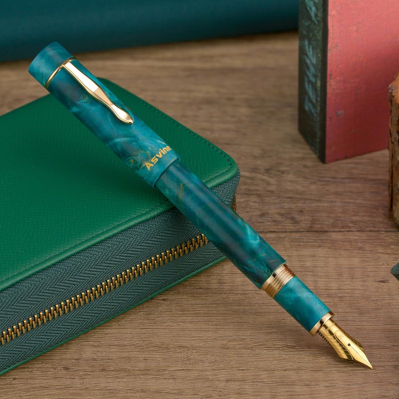 Asvine Stabilized Wood Fountain Pen C2000 Number 8 Extra Fine Nib Large Handcraft Unique Pattern Pen with Converter Pen Box Collection Set- Oasis - Image 5