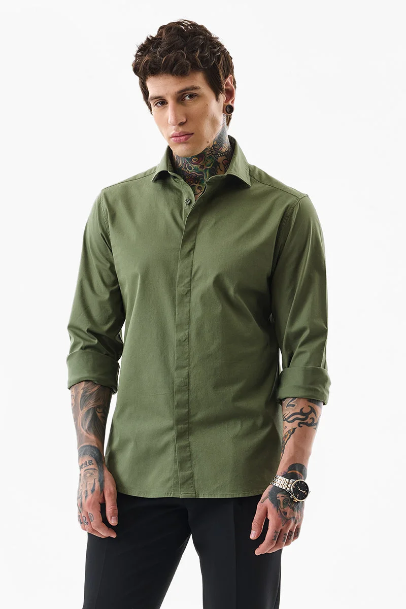 SNITCH Olive Solid Long Sleeve Slim Fit Shirt