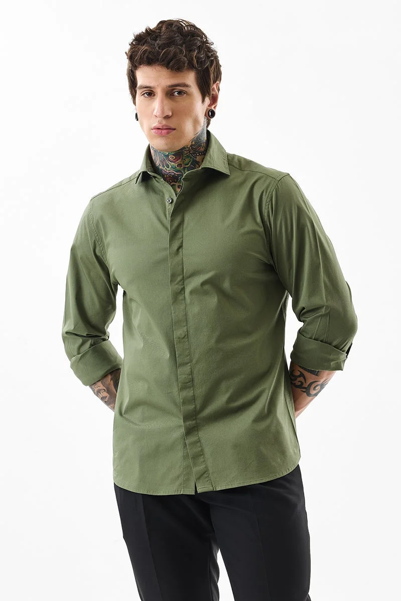 سنيتش Olive Solid Long Sleeve Slim Fit Shirt