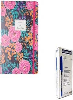 Generic Hardcover Fushia Flowers A5 Notebook with Elastic Band & 10-Pieces Staedtler 430 1.0 mm Blue Pens 