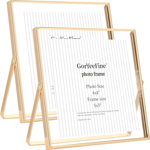 GorYeeFine Gold 5x5'' Floating Frame Set of 2,For Photo Sizes(4x4'' or 3x3''),Beautiful Metal Beaded Frames Adjustable Tabletop/Shelf Photo Frame,Classy Gift Choice for Wedding,Birthday or Christmas Gift - Image 1