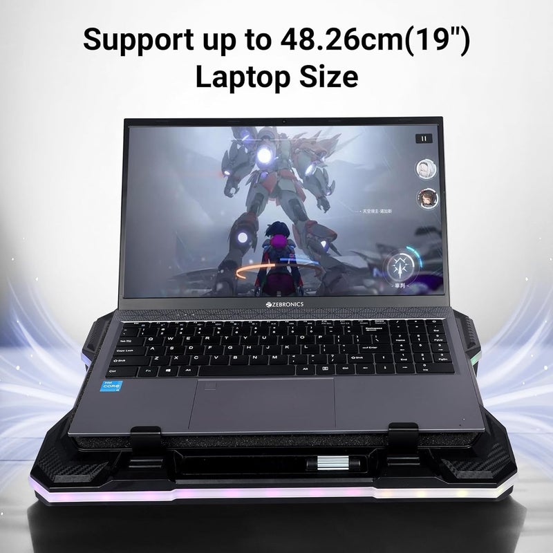 ZEBRONICS NC9200، وسادة تبريد لابتوب، مروحة RGB LED بحجم 140 مم، تدعم لابتوبات حتى 19 بوصة، منفذ USB مزدوج، وسادة فوم مغناطيسية، حامل موبايل قابل للفك، وحدة تحكم في سرعة المروحة، سرعة عالية، 10 أوضاع RGB LED - Image 3