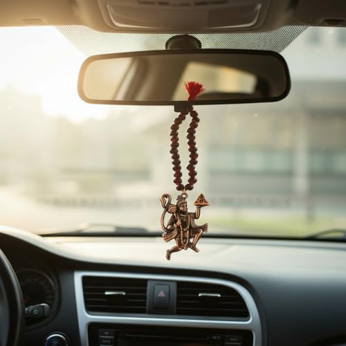 AFH Lord Flying Hanuman Red Wooden Mala Copper Car Hanging Ornament Mirror Décor Dream Catcher Positive Vibes Balcony, Gift, Vehicle, Wind Chimes - Image 1