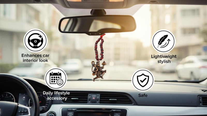 AFH Lord Flying Hanuman Red Wooden Mala Copper Car Hanging Ornament Mirror Décor Dream Catcher Positive Vibes Balcony, Gift, Vehicle, Wind Chimes - Image 2