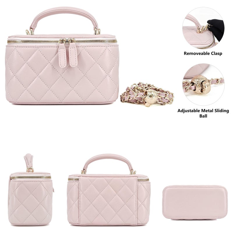 M-ioi-M Genuine Leather Quilted Mini Purse for Women,Soft Lambskin Crossbody Bag with Gold Chain Strap,Small Top-Handle Shoulder Handbag,Designer Evening Vanity Pouch(Sakura Pink, Detachable Strap) - Image 3