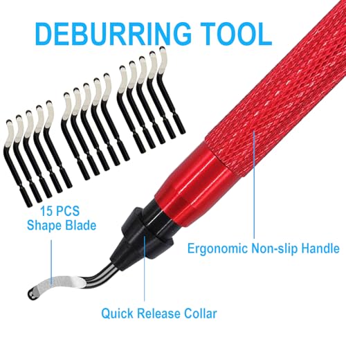 Coeweule Premium Deburring Tool with 15 Pcs High Speed Steel Swivel Blades, Deburring Tool for Metal, Resin, PVC Pipes, Plastic, Aluminum, Copper, Wood, 3D Printing Burr Removal Reamer Tool Red - Image 2