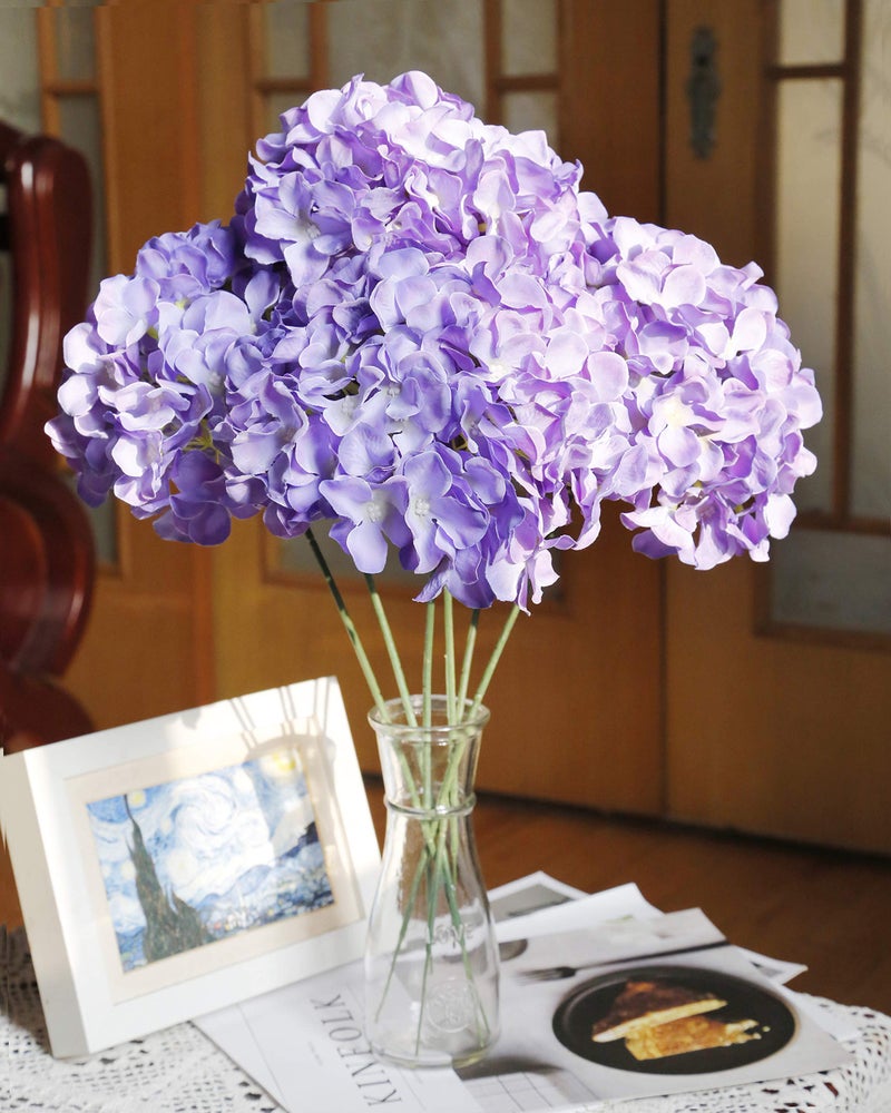Duhouse Silk Hydrangea Artificial Flowers Heads With Stems For Wedding Home Decor Pack Of 6 (Purple) - Image 2