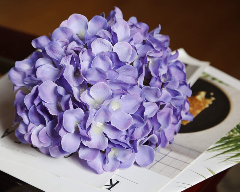 Duhouse Silk Hydrangea Artificial Flowers Heads With Stems For Wedding Home Decor Pack Of 6 (Purple) - Image 4