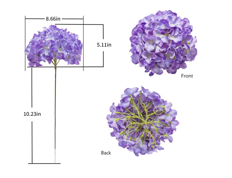 Duhouse Silk Hydrangea Artificial Flowers Heads With Stems For Wedding Home Decor Pack Of 6 (Purple) - Image 5