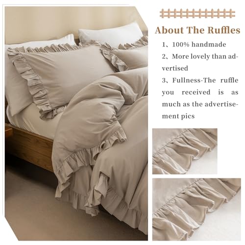 QSH Washed Cotton Queen Duvet Cover Set Ruffle Duvet Cover Linen Textured Farmhouse Shabby Vintage Chic Bedding Comforter Cover 3 PCs Aesthetic French Country Queen Bed Set - Image 5