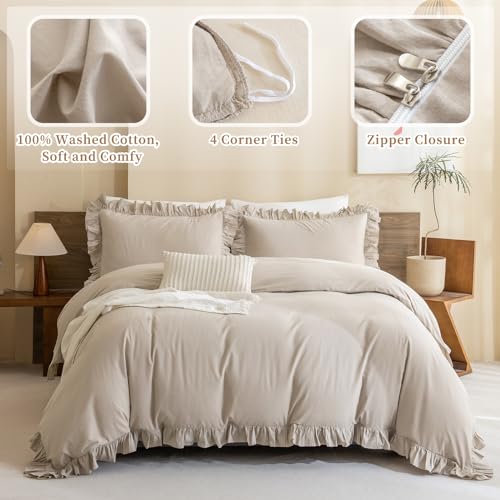 QSH Washed Cotton Queen Duvet Cover Set Ruffle Duvet Cover Linen Textured Farmhouse Shabby Vintage Chic Bedding Comforter Cover 3 PCs Aesthetic French Country Queen Bed Set - Image 2