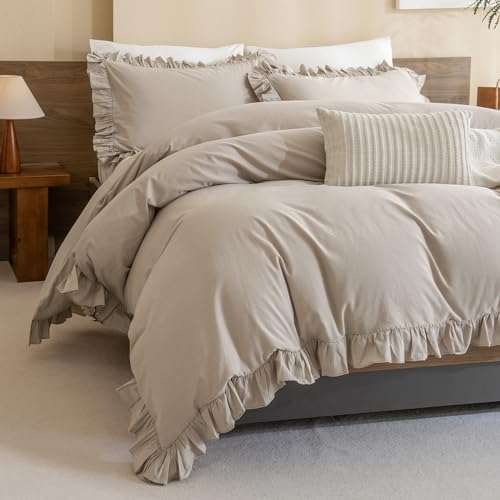 QSH Washed Cotton Queen Duvet Cover Set Ruffle Duvet Cover Linen Textured Farmhouse Shabby Vintage Chic Bedding Comforter Cover 3 PCs Aesthetic French Country Queen Bed Set - Image 1