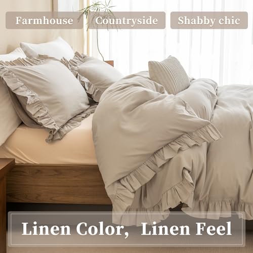 QSH Washed Cotton Queen Duvet Cover Set Ruffle Duvet Cover Linen Textured Farmhouse Shabby Vintage Chic Bedding Comforter Cover 3 PCs Aesthetic French Country Queen Bed Set - Image 3