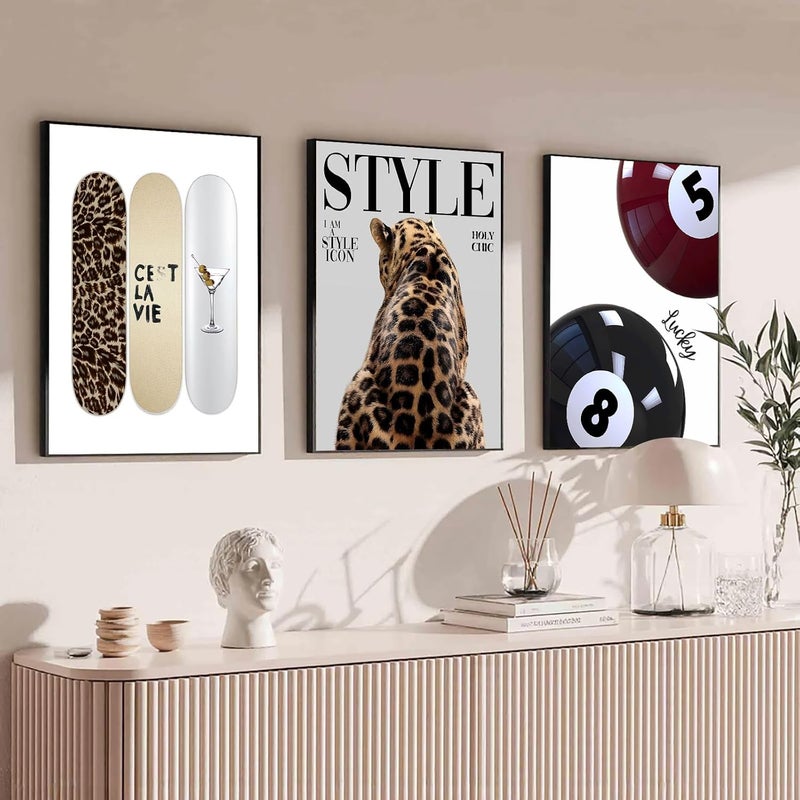 Youillne Trendy Cheetah Wall Decor Prints Preppy Leopard Wall Art Aesthetic Skateboard Canvas Poster Lucky 8 Ball Pictures Retro Fashion Painting for Bedroom Girl Room 16x24 Inch Unframed Set of 3 - Image 3