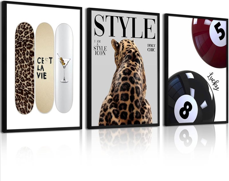 Youillne Trendy Cheetah Wall Decor Prints Preppy Leopard Wall Art Aesthetic Skateboard Canvas Poster Lucky 8 Ball Pictures Retro Fashion Painting for Bedroom Girl Room 16x24 Inch Unframed Set of 3 - Image 1