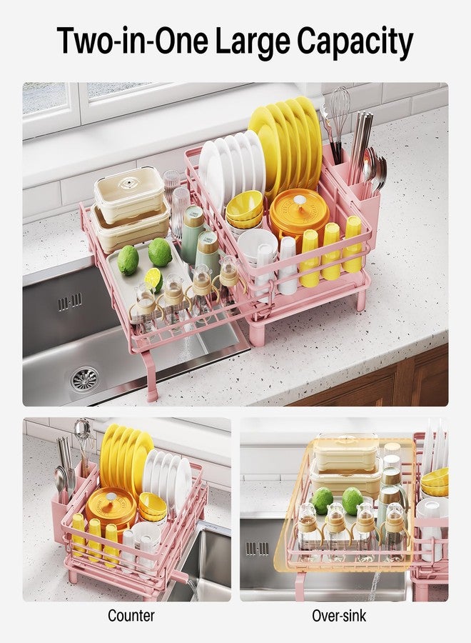 SNTD Dish Drying Rack - Extendable Dish Rack, Large Sink Drying Dish Drainer for Kitchen Counter, Stainless Steel Dish Strainer with Utensil Holder (Pink) - Image 3
