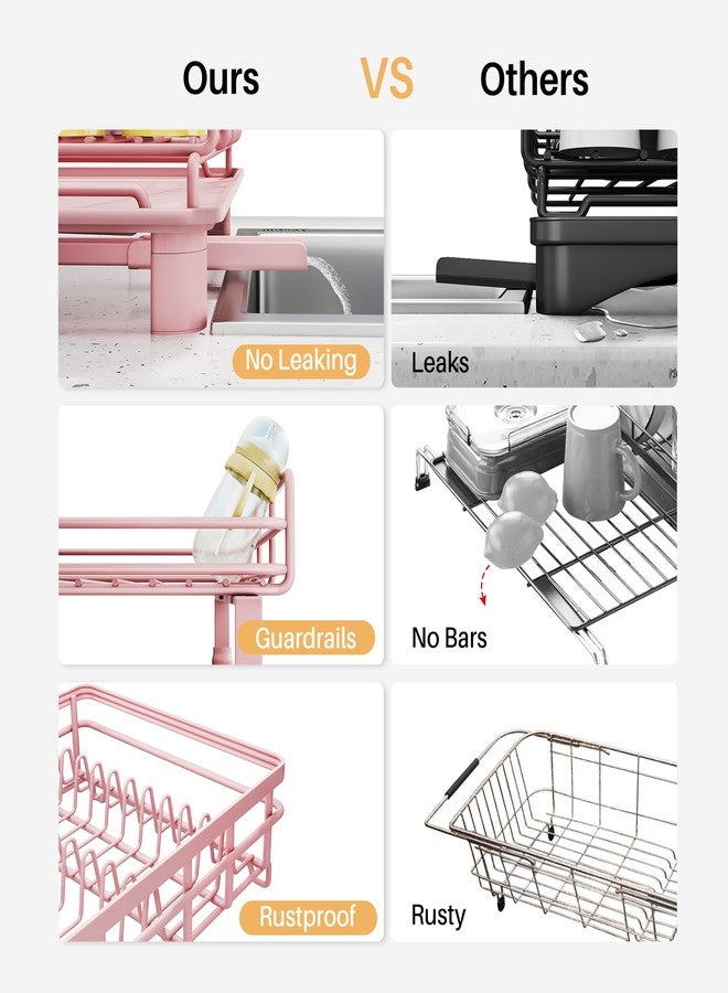 SNTD Dish Drying Rack - Extendable Dish Rack, Large Sink Drying Dish Drainer for Kitchen Counter, Stainless Steel Dish Strainer with Utensil Holder (Pink) - Image 4