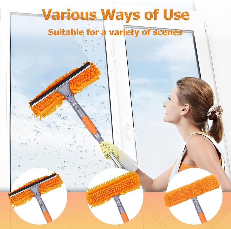 Kenmohuo 4.5M Extendable Window Cleaning Pole Set, 2in1 Long Reach Window Cleaning Equipment with Silicon Squeegee and 4 Microfiber Pad(2Orange 2Gray), Telescopic Long Handle Squeegee with Gloves - Image 4