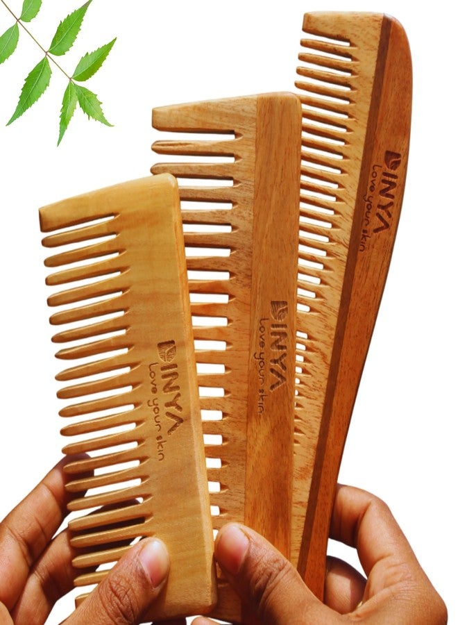 Dinya Wooden Comb Set of 3 | Neem Wood Comb for Hair Growth | Kacchi Neem Wooden Comb for Women & Men | Detangling, Frizz Control & Shine - Image 1
