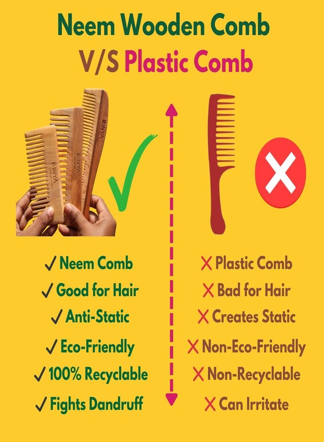 Dinya Wooden Comb Set of 3 | Neem Wood Comb for Hair Growth | Kacchi Neem Wooden Comb for Women & Men | Detangling, Frizz Control & Shine - Image 2
