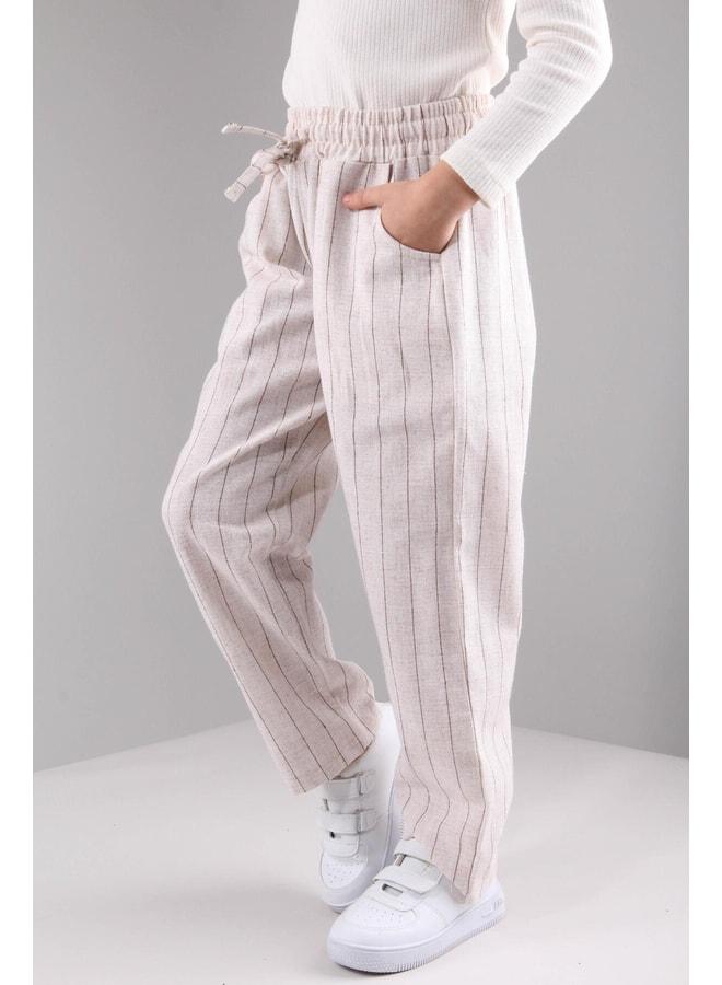Perendi Pocketed Girl and Boy Children’s Linen Pants Brown Striped. - Image 3