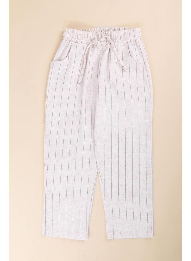 Perendi Pocketed Girl and Boy Children’s Linen Pants Brown Striped. - Image 2