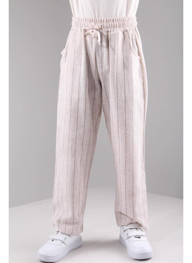 Perendi Pocketed Girl and Boy Children’s Linen Pants Brown Striped. - Image 1