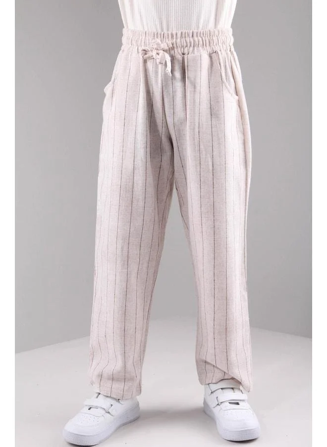 Perendi Pocketed Girl and Boy Children’s Linen Pants Brown Striped.