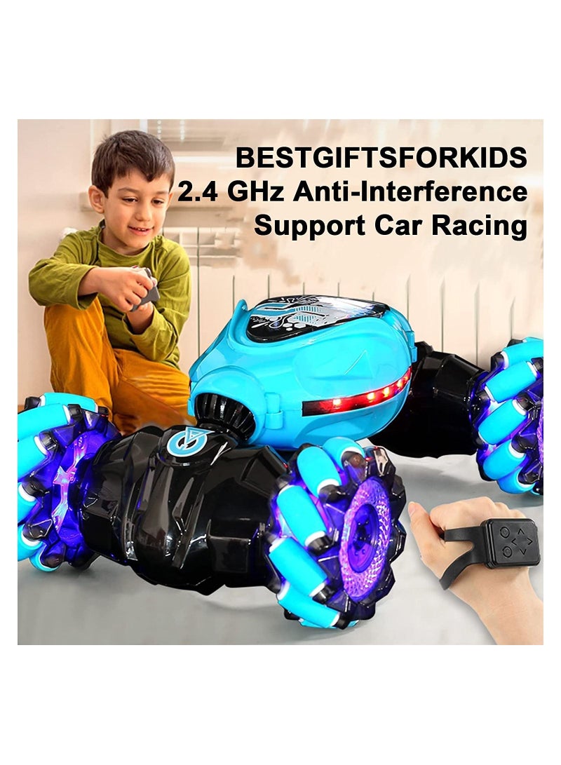 RC 2.4GHz Gesture Sensing RC Stunt Car with Off-Road 360°Flips Double Sided Rotating with Light Music Toy Car for Kids Birthday  Gifts for Boys Girls Blue