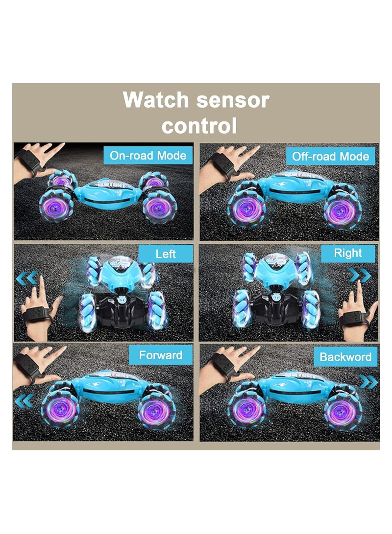RC 2.4GHz Gesture Sensing RC Stunt Car with Off-Road 360°Flips Double Sided Rotating with Light Music Toy Car for Kids Birthday  Gifts for Boys Girls Blue