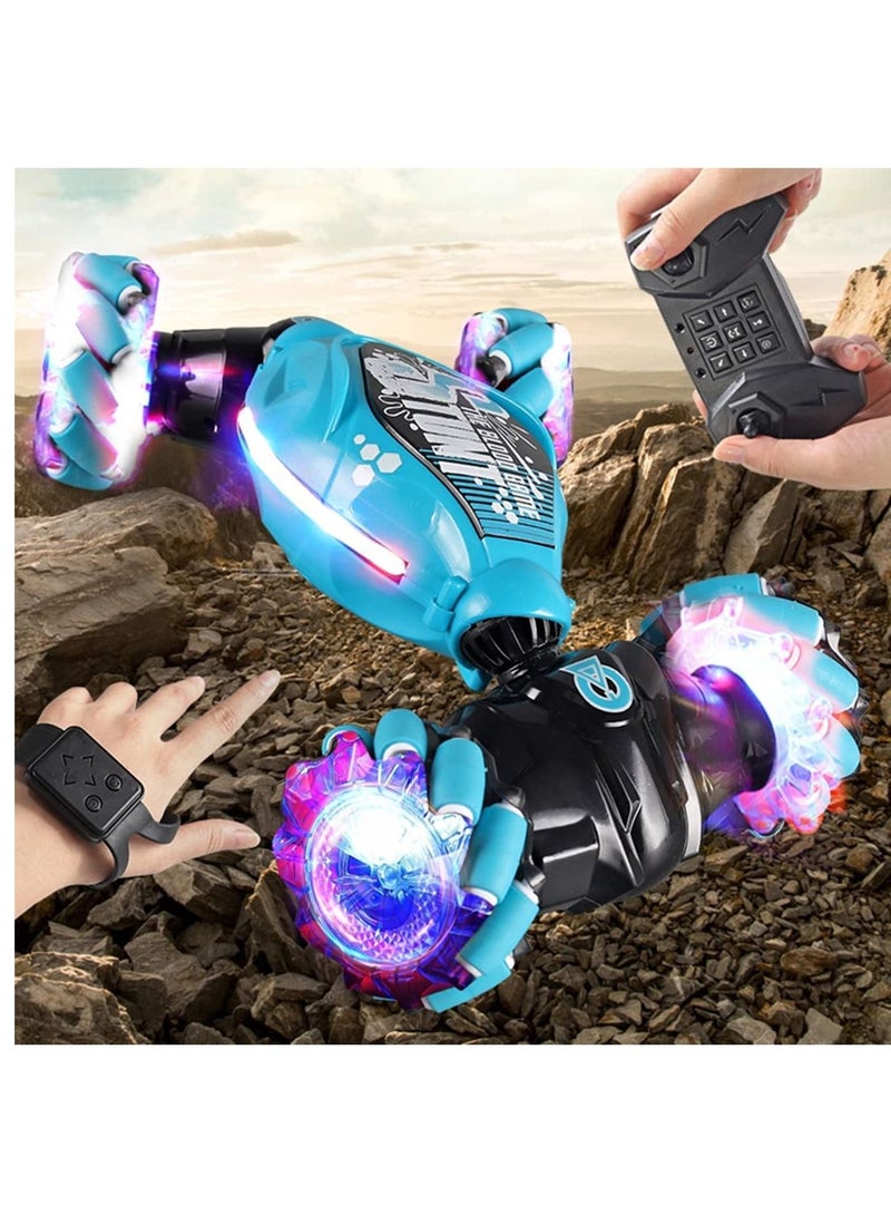 RC 2.4GHz Gesture Sensing RC Stunt Car with Off-Road 360°Flips Double Sided Rotating with Light Music Toy Car for Kids Birthday  Gifts for Boys Girls Blue