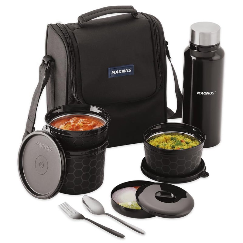 Magnus Microwave EVA 5 Lunch Box(Black) - 3 Containers, 1 Small Box, 1 Bottle, Cutlery | Leakproof Stainless Steel Lunch Box for Kids, Lunch Boxes for Office Men | Office & Microwave Safe - Image 1