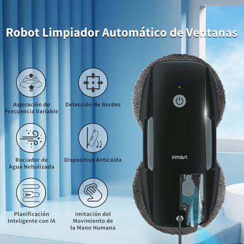 Fmart روبوت تنظيف النوافذ FMART T9Pro - 3800PA، رش الماء بالموجات فوق الصوتية، تخطيط المسار بالذكاء الاصطناعي، كشف الحواف بالذكاء الاصطناعي، منظف نوافذ روبوتي مع جهاز تحكم عن بعد و 10 قطع قماش - تنظيف عميق للنوافذ، البلاط - Image 2