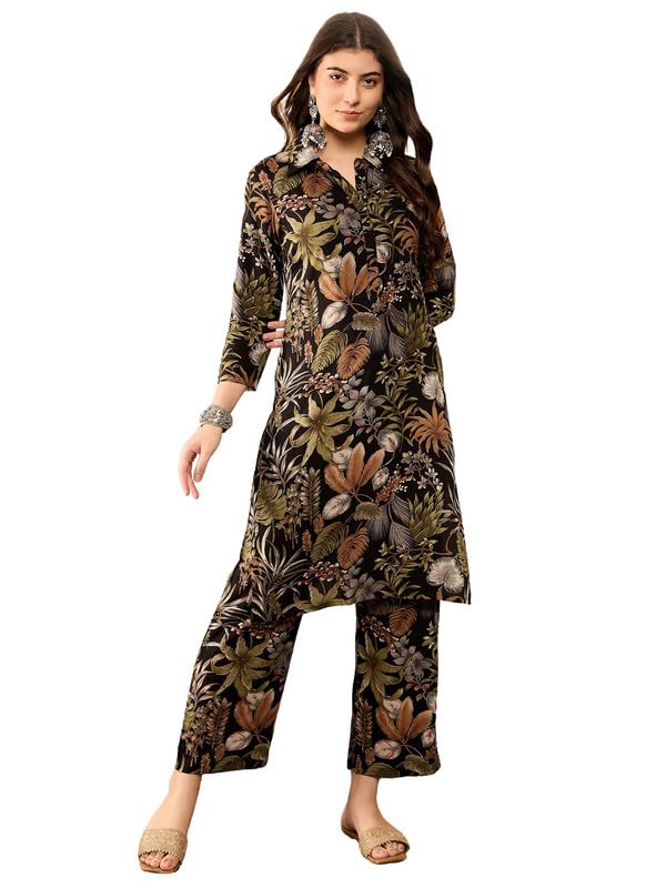 Vaamsi Women's Floral Printed Straight Tunic With Palazzo Co-ord Set (VCORD1052_XXL_Black) - Image 1