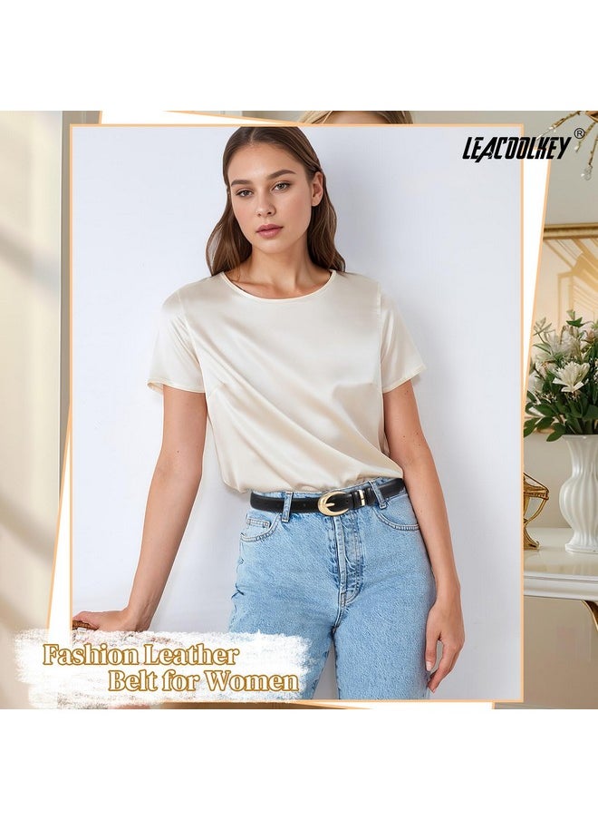 LEACOOLKEY - 2 Pack Women Leather Belts For Jeans Dress Fashion Skinny Belt With Gold Silver Buckle - Image 1