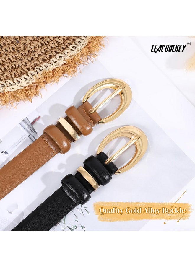 LEACOOLKEY - 2 Pack Women Leather Belts For Jeans Dress Fashion Skinny Belt With Gold Silver Buckle - Image 1