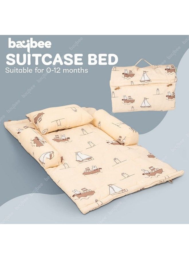 BAYBEE - Thick New Born Baby Bedding Mattress;Gadda Bed Set For Babies With 2 Side Bolster & Head Pillow ; Baby Sleeping Bed For 0 To 6 Months ; 4 Pcs Printed Baby Bedding Set For Boys Girls (Beige) - Image 1