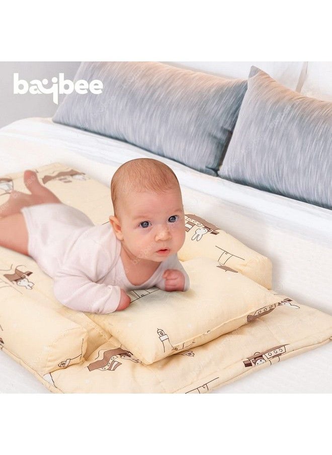 BAYBEE - Thick New Born Baby Bedding Mattress;Gadda Bed Set For Babies With 2 Side Bolster & Head Pillow ; Baby Sleeping Bed For 0 To 6 Months ; 4 Pcs Printed Baby Bedding Set For Boys Girls (Beige) - Image 1