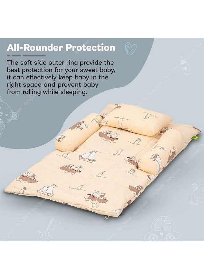 BAYBEE - Thick New Born Baby Bedding Mattress;Gadda Bed Set For Babies With 2 Side Bolster & Head Pillow ; Baby Sleeping Bed For 0 To 6 Months ; 4 Pcs Printed Baby Bedding Set For Boys Girls (Beige) - Image 1